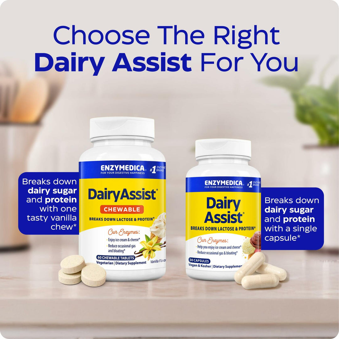 Enzymedica DairyAssist Chewable Enzymes for Men &amp; Women - Lactose Intolerance Support Supplement with Lactase Enzyme, Breaks Down Milk &amp; Dairy, Helps Reduce Gas &amp; Bloating, Gluten Free - 60 Tablets
