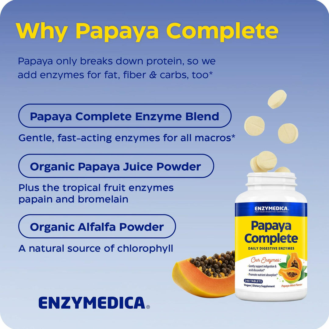 Enzymedica Papaya Complete - Papaya Enzymes Chewable, Digestive Enzyme Supplement for Women and Men, Digestion &amp; Gut Health Support, High Potency Bromelain &amp; Papain, Vegan, Gluten Free - 240 Tablets