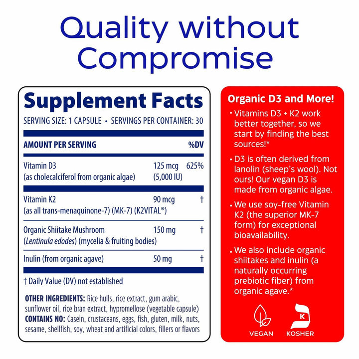 Enzymedica Vitamin D3 and K2 Supplement Caps for Men &amp; Women - VIT D3 5000 IU &amp; VIT K2 MK-7 90 mcg, Immune &amp; Bone Health Support, Features Shitake Mushrooms &amp; Prebiotic Fiber, Vegan - 30 Capsules