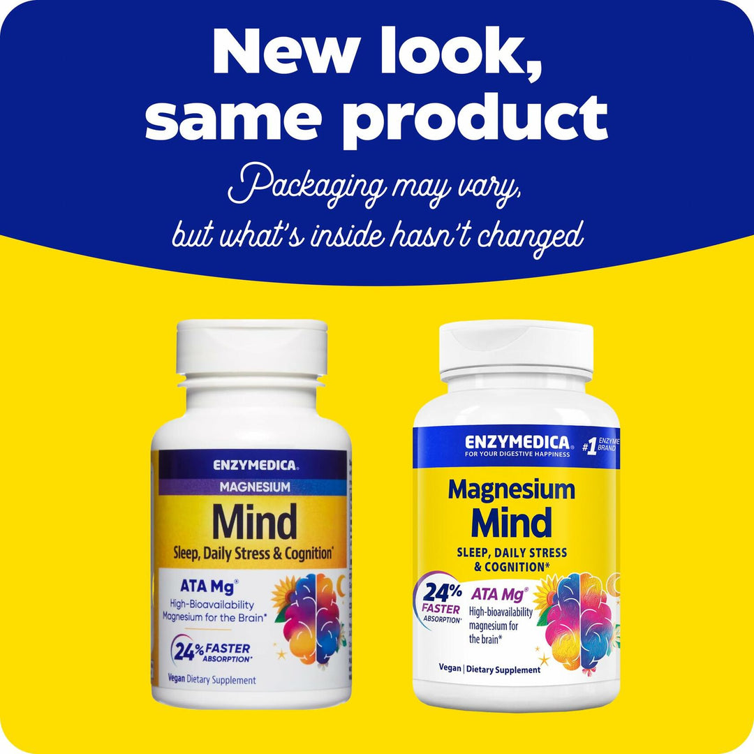 Enzymedica Magnesium Mind Supplement for Women &amp; Men - Sleep, Stress, &amp; Cognition Support, ATA Mg 24% Faster Absorption, High Bioavailability Magnesium Capsules for Brain, Vegan, Gluten Free - 60 Caps