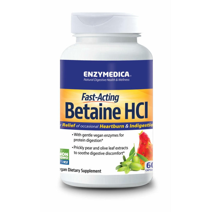 Enzymedica Betaine HCl for Men &amp; Women - Betaine Hydrochloric Acid Supplement, Protease Digestive Enzyme Blend, Digestive Health Support, Occasional Heartburn &amp; Indigestion Support, Vegan - 60 Caps
