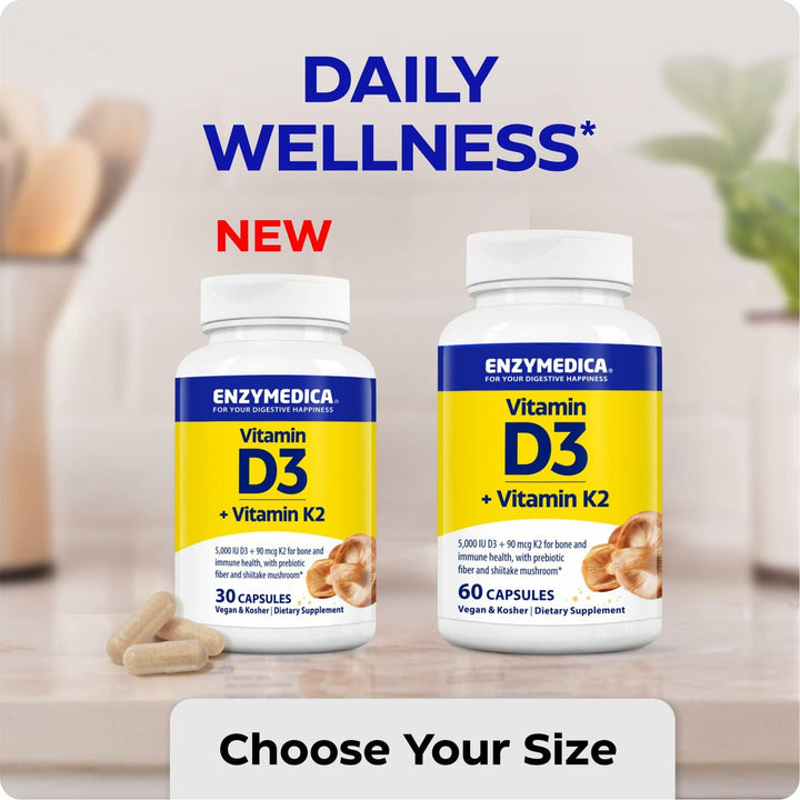 Enzymedica Vitamin D3 and K2 Supplement Caps for Men &amp; Women - VIT D3 5000 IU &amp; VIT K2 MK-7 90 mcg, Immune &amp; Bone Health Support, Features Shitake Mushrooms &amp; Prebiotic Fiber, Vegan - 30 Capsules