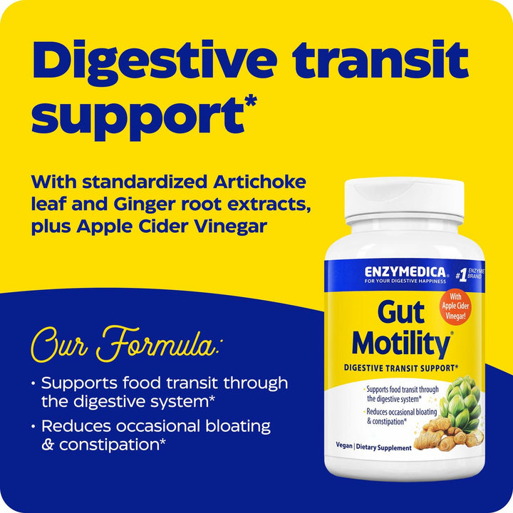 Enzymedica Gut Motility Supplement for Men &amp; Women - Apple Cider Vinegar Capsules with Artichoke &amp; Ginger Extract, Digestive Health Support for Adults, Reduces Occasional Bloating &amp; Gas - 30 Caps