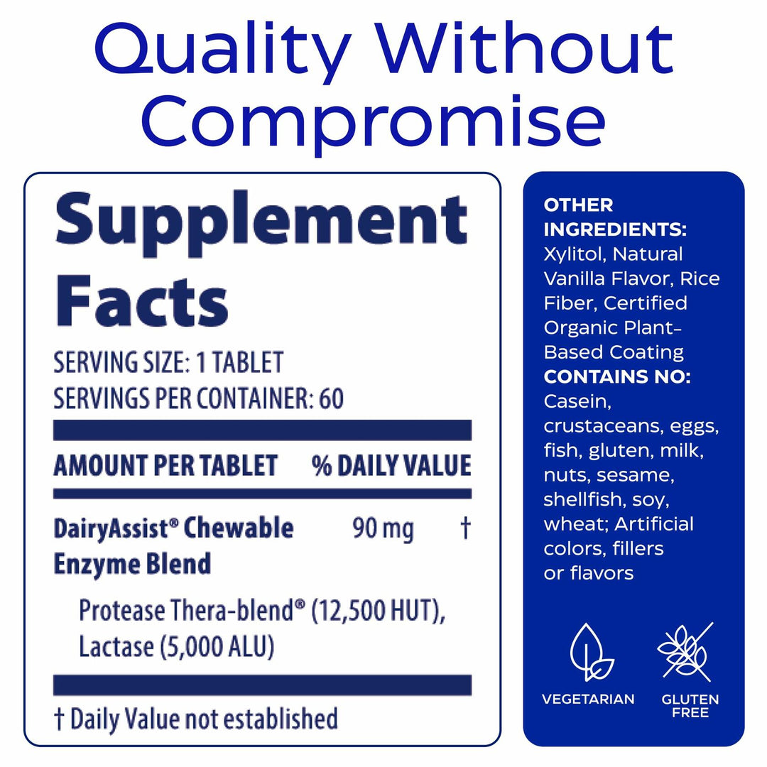 Enzymedica DairyAssist Chewable Enzymes for Men &amp; Women - Lactose Intolerance Support Supplement with Lactase Enzyme, Breaks Down Milk &amp; Dairy, Helps Reduce Gas &amp; Bloating, Gluten Free - 60 Tablets