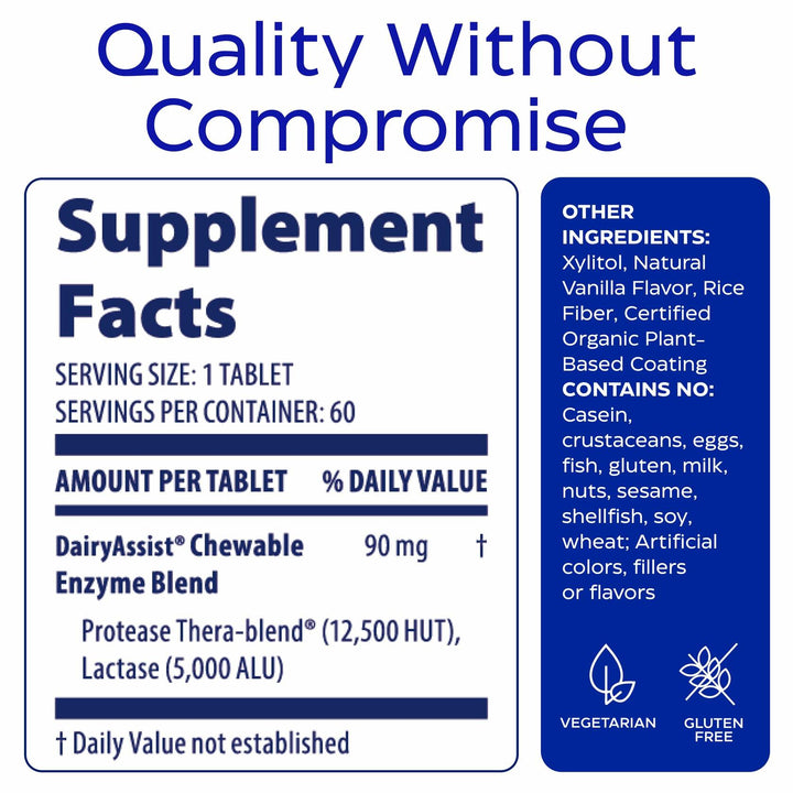 Enzymedica DairyAssist Chewable Enzymes for Men &amp; Women - Lactose Intolerance Support Supplement with Lactase Enzyme, Breaks Down Milk &amp; Dairy, Helps Reduce Gas &amp; Bloating, Gluten Free - 60 Tablets