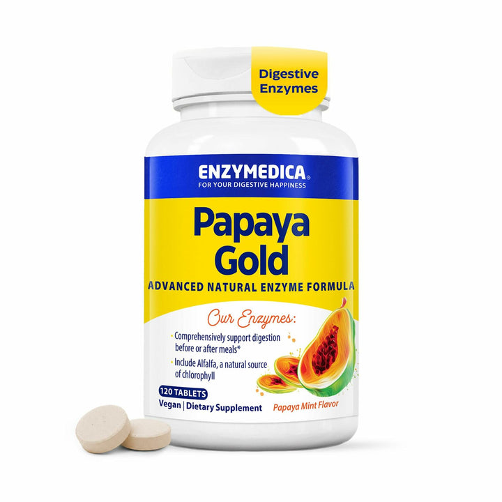 Enzymedica Papaya Gold - Papaya Enzymes Chewable, Digestive Enzyme Supplement for Women and Men, Digestion &amp; Gut Health Support, High Potency Bromelain &amp; Papain, Vegan, Gluten Free - 120 Tablets