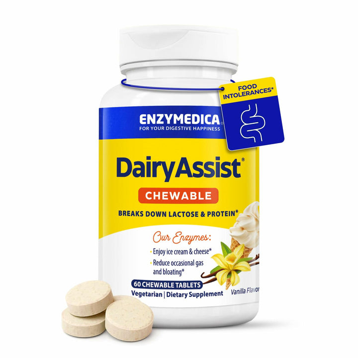 Enzymedica DairyAssist Chewable Enzymes for Men &amp; Women - Lactose Intolerance Support Supplement with Lactase Enzyme, Breaks Down Milk &amp; Dairy, Helps Reduce Gas &amp; Bloating, Gluten Free - 60 Tablets