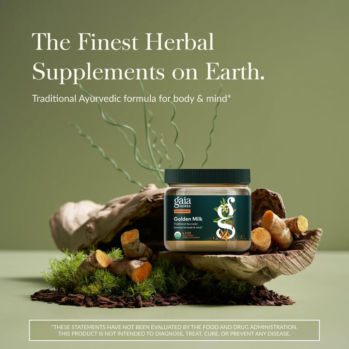 Gaia Herbs Golden Milk - Traditional Relaxation Support Supplement Powder with Organic Turmeric, Black Pepper, Ashwagandha, Cardamom &amp; More for an Ayurvedic Cup of Calm* - 4.3 Oz (About 35 Servings)