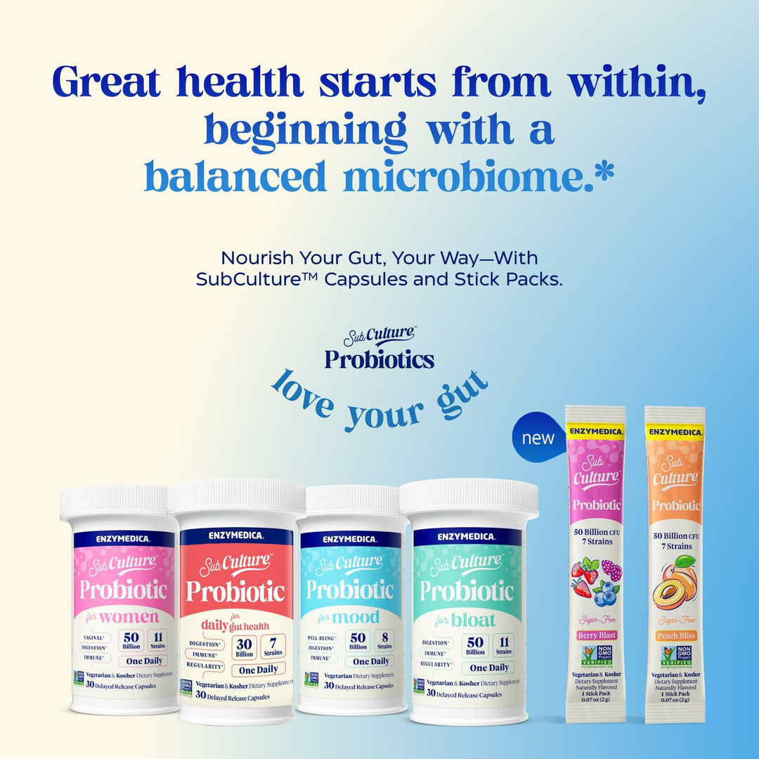Enzymedica SubCulture Probiotic Drink Mix Powder for Women &amp; Men - Probiotics for Digestive &amp; Gut Health Support, 50 Billion CFU, Travel Friendly Stick Packs, Sugar Free - Berry Blast, 20 Count