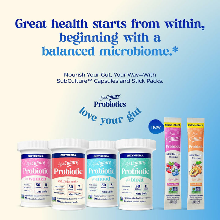 Enzymedica SubCulture Probiotic Drink Mix Powder for Women &amp; Men - Probiotics for Digestive &amp; Gut Health Support, 50 Billion CFU, Travel Friendly Stick Packs, Sugar Free - Berry Blast, 20 Count