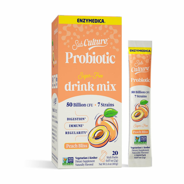 Enzymedica SubCulture Probiotic Drink Mix Powder for Women &amp; Men - Probiotics for Digestive &amp; Gut Health Support, 50 Billion CFU, Travel Friendly Stick Packs, Sugar Free - Berry Blast, 20 Count
