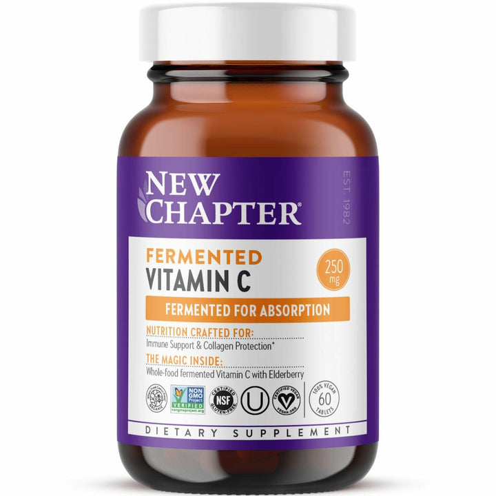 New Chapter Fermented Vitamin C + Elderberry, ONE Daily for Immune Support &amp; Collagen Protection, Made with Organic Herbs, Certified Vegan, Gluten Free, 60 Count