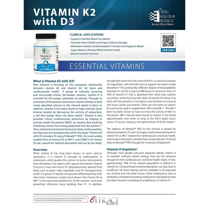 Ortho Molecular Products, Vitamin K2 with D3 60 caps - The Oasis of Health