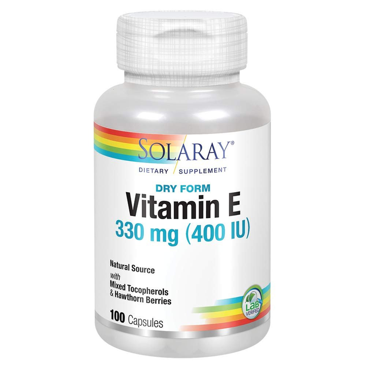SOLARAY Dry Vitamin E with Hawthorn Berries 330mg (400IU) Heart &amp; Skin Health, Antioxidant Support, 100ct