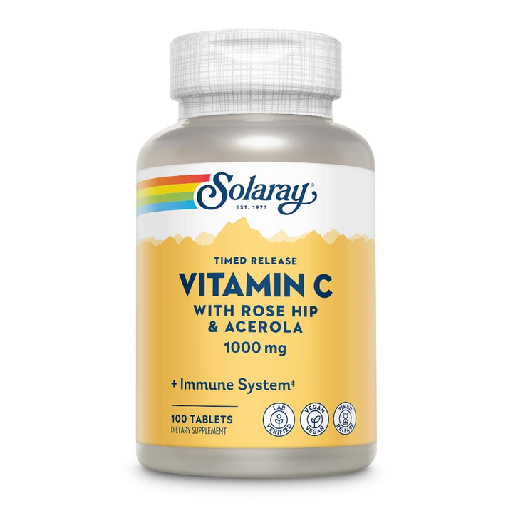SOLARAY Vitamin C w/Rose Hips &amp; Acerola, 1000mg, Two-Stage Timed-Release Healthy Immune Function (250 Tabs) (100 Servings, 100 Tablets)