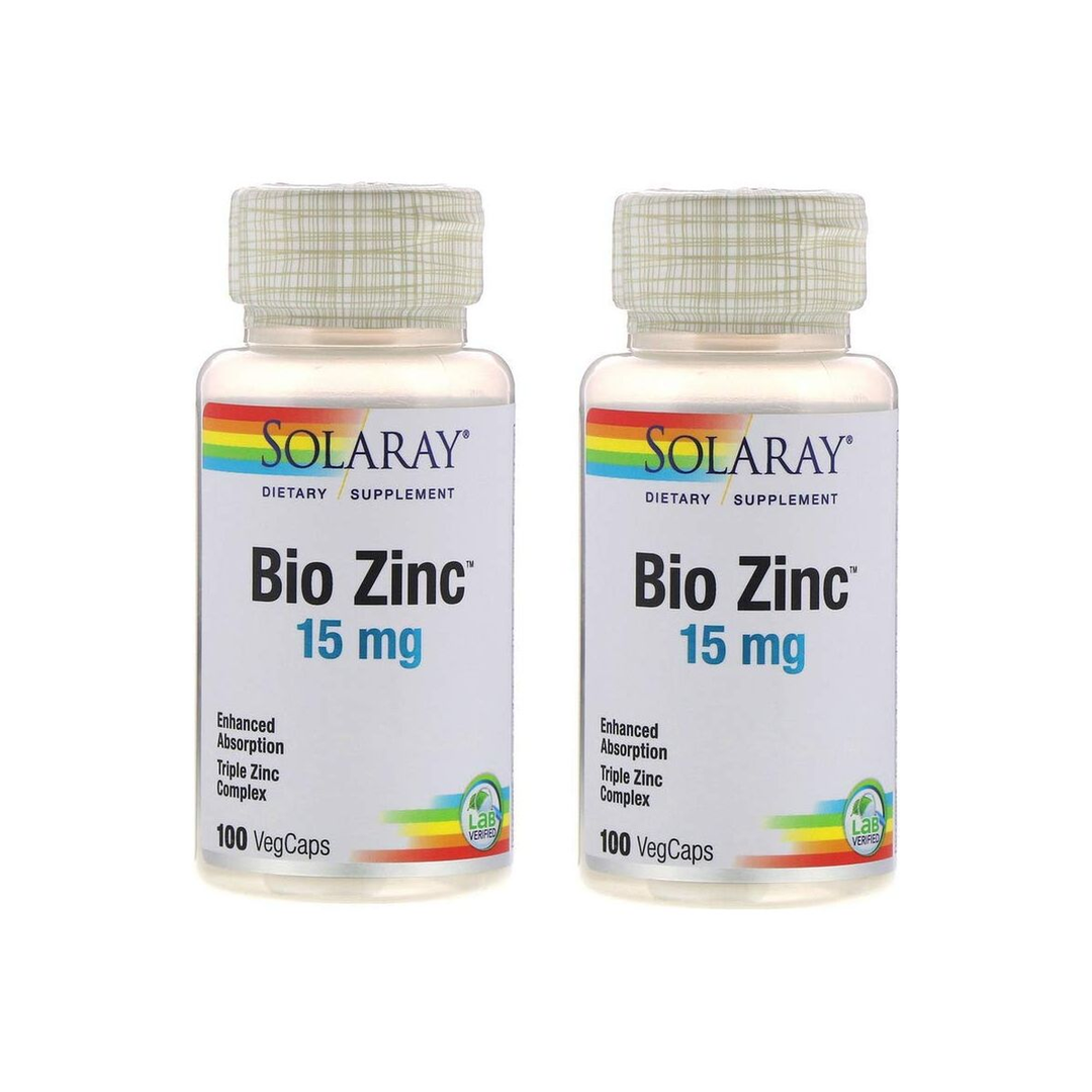 SolaRay Bio Zinc 15 Milligrams Enhanced Absorption Triple Zinc Complex (100 VegCaps) Pack of 2