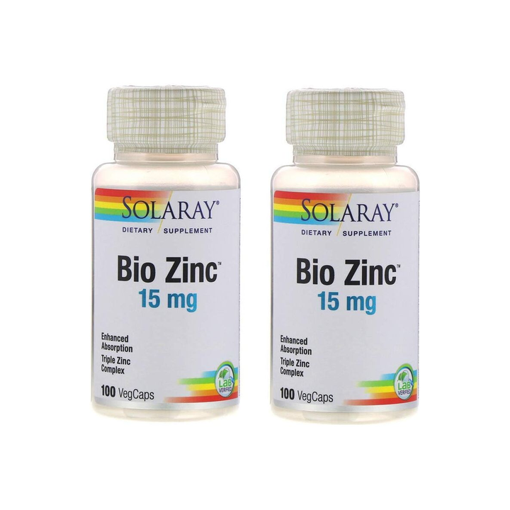 SolaRay Bio Zinc 15 Milligrams Enhanced Absorption Triple Zinc Complex (100 VegCaps) Pack of 2
