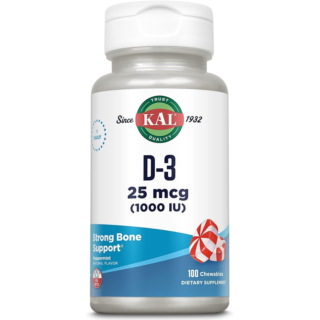 KAL Vitamin D3 1000 IU 25 mcg, Vitamin D Chewables, Calcium Absorption, Bone Health and Immune Support Supplement, Natural Peppermint Flavor, Sweetened with Xylitol, 100 Servings, 100 Chews