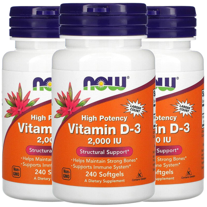 NOW Foods Vitamin D-3, 50 mcg (2,000 IU), 240 Softgels, 3 Pack