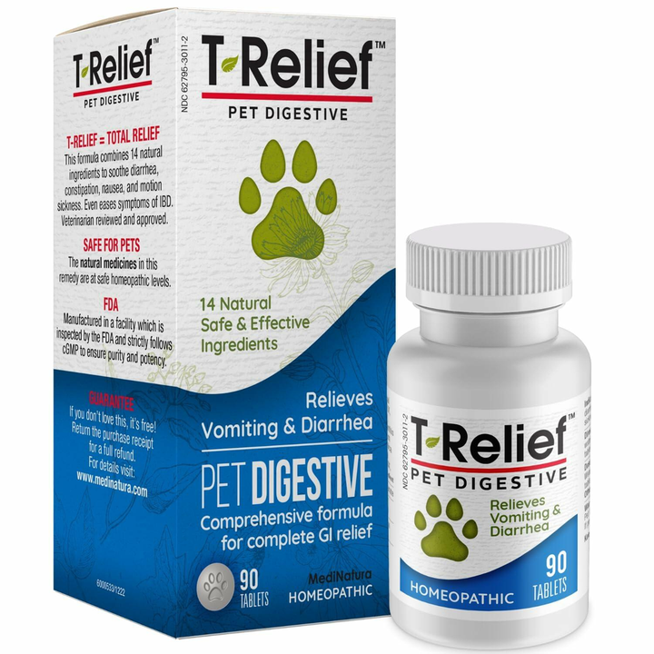 T-Relief Pet Digestive Complete GI Relief for Dog &amp; Cat Soothing Aloe + 13 Natural Homeopathic Actives Help Calm Nausea &amp; Diarrhea from Mild Illness Food Stress or Motion Sickness - 90 Tablets
