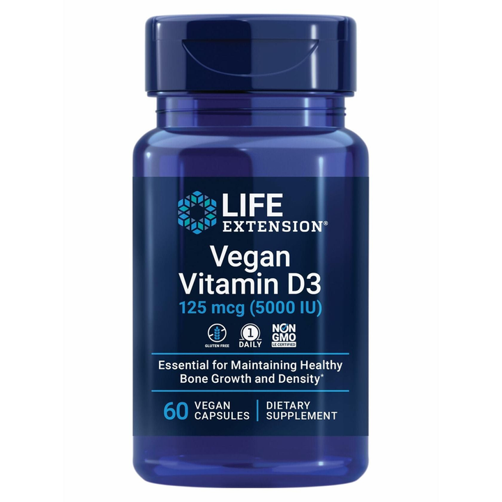 Life Extension Vegan Vitamin D3, 125 mcg (5000 IU), cholecalciferol from Algae, high-Potency Immune, Bone &amp; Whole-Body Health, Gluten-Free, Non-GMO, 1 Daily, Vegan, 60 Vegan Capsules