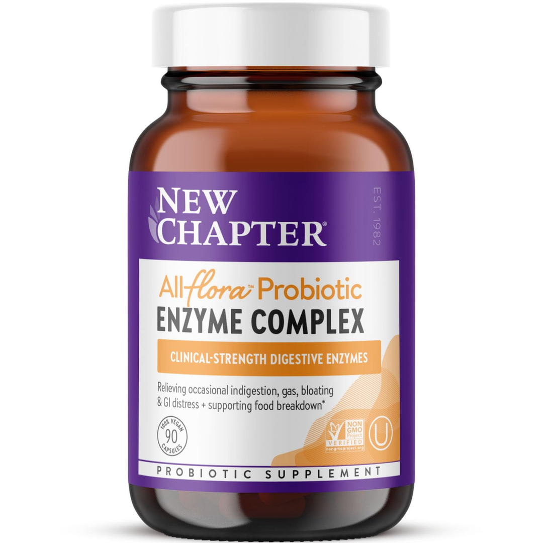 New Chapter All-Flora Enzyme Complex with Probiotics Relieves Bloating &amp; Gas - Clinical-Strength Digestive Enzymes + Ultra-Concentrated Probiotics + Fermented Vitamin B12, 90 Vegan Capsules