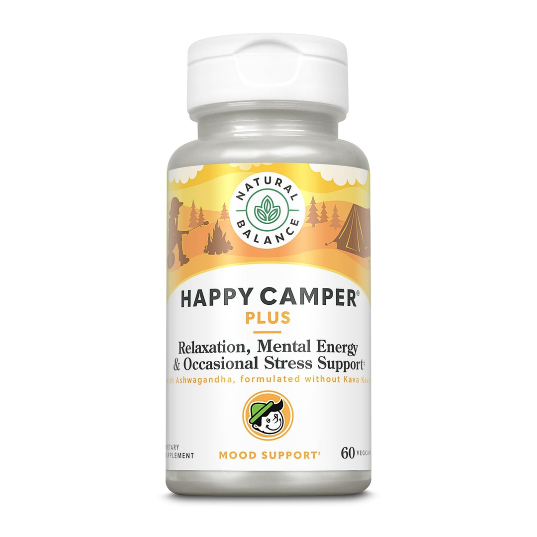 Natural Balance Happy Camper Plus - Supports Relaxation, Mental Energy, Occasional Stress w/KSM-66 Ashwagandha, L Theanine 200mg, Passion Flower, Lemon Balm, Holy Basil, 60-Day Guarantee, 30 Servings