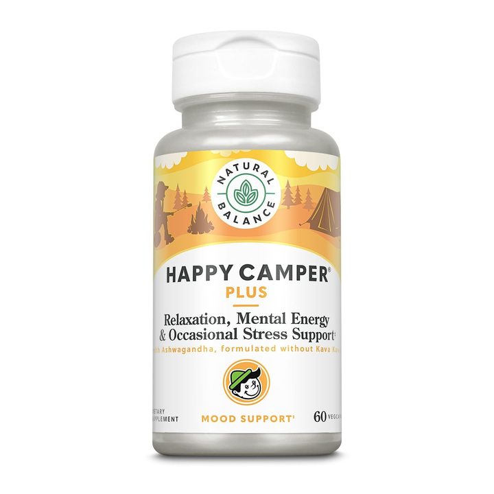 Natural Balance Happy Camper Plus - Supports Relaxation, Mental Energy, Occasional Stress w/KSM-66 Ashwagandha, L Theanine 200mg, Passion Flower, Lemon Balm, Holy Basil, 60-Day Guarantee, 30 Servings