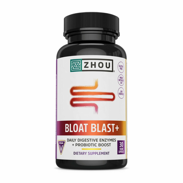 Zhou Nutrition Bloat Blast+ - Digestive Support Supplement for Women &amp; Men, Daily Digestive Enzymes with Probiotics for Gut Health, Gluten Free, Vegan - 30 Veggie Capsules