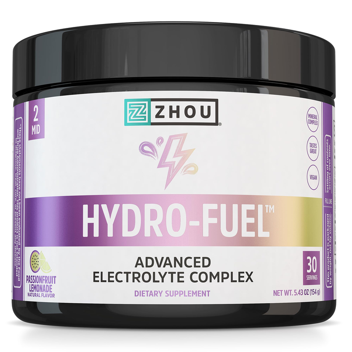 ZHOU Hydro-Fuel - Electrolytes Powder, Sugar Free Hydration Drink Mix w/Magnesium, Zinc, Potassium &amp; Sodium, Minerals &amp; Coconut Water Extract, No Sugar - Passionfruit Lemonade, 5.43 oz (30 Servings)