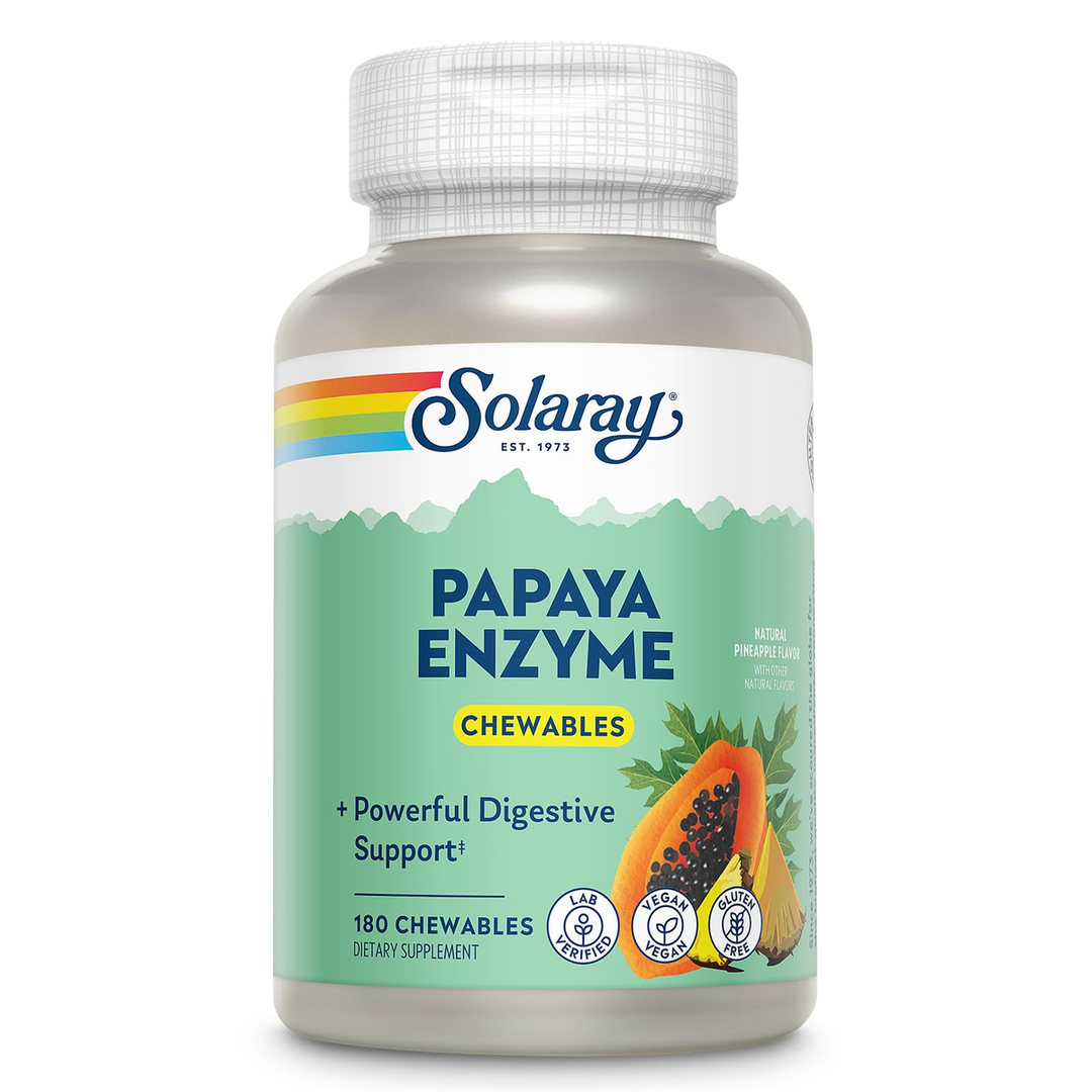 SOLARAY Papaya Enzymes Chewable Tablets - Digestive Enzymes for Powerful Digestive Support - Natural Pineapple Flavor - Vegan, Gluten Free, 60-Day Guarantee, 180 Servings
