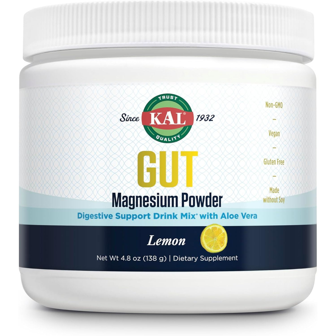 KAL Gut Magnesium Plus Aloe Vera Powder - Lemon Drink Mix - Magnesium Citrate Supplement with Aloe Vera Gel for Digestion &amp; Relaxation Support - No Sugar - 60-Day Guarantee, 40 Servings, 4.8 OZ