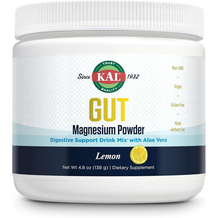 KAL Gut Magnesium Plus Aloe Vera Powder - Lemon Drink Mix - Magnesium Citrate Supplement with Aloe Vera Gel for Digestion &amp; Relaxation Support - No Sugar - 60-Day Guarantee, 40 Servings, 4.8 OZ