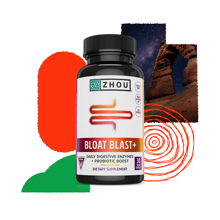 Zhou Nutrition Bloat Blast+ - Digestive Support Supplement for Women &amp; Men, Daily Digestive Enzymes with Probiotics for Gut Health, Gluten Free, Vegan - 30 Veggie Capsules