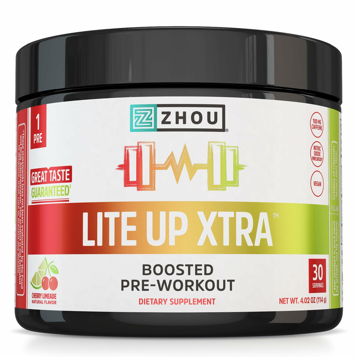 ZHOU Lite Up Xtra - Sugar Free Pre Workout Powder for Women &amp; Men, Preworkout Supplement with Caffeine for Clean Energy, Amino Acid Support, Hydrate &amp; Focus, Plant Based - Cherry Limeade, 16 oz Jar
