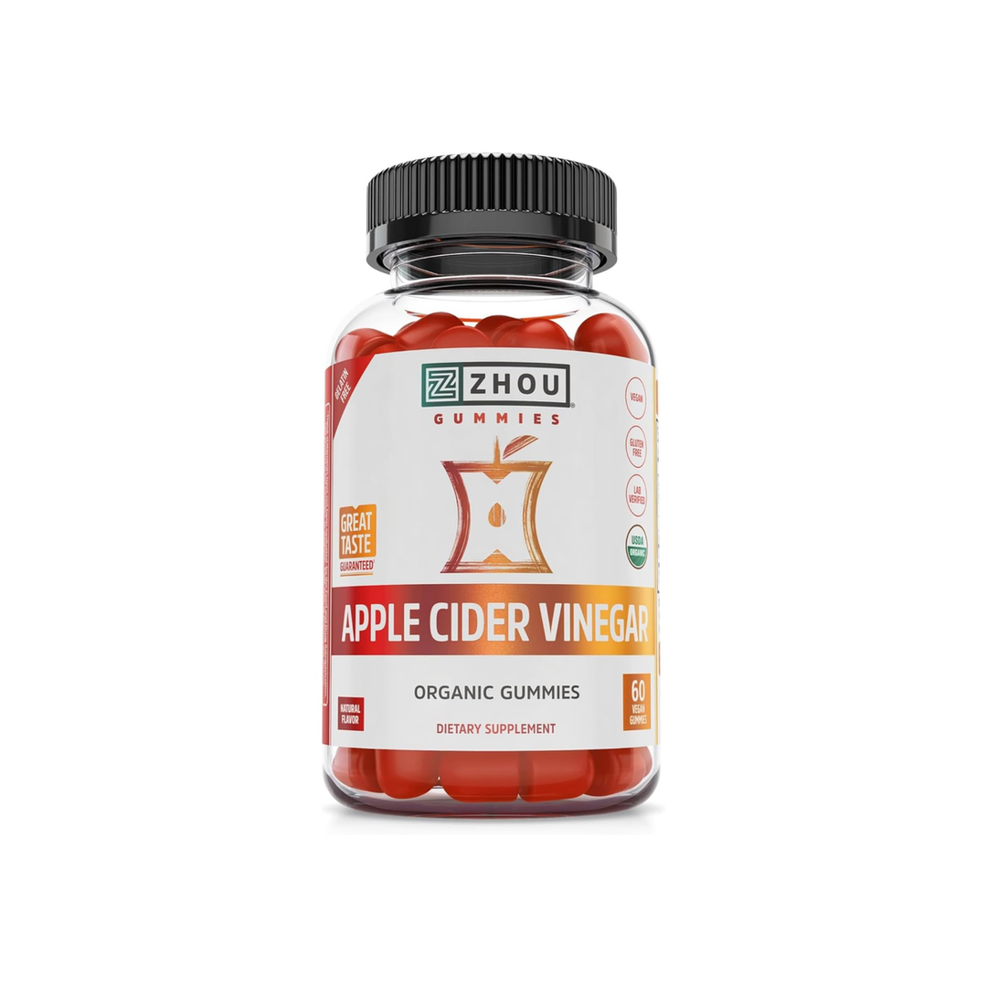 Zhou Apple Cider Vinegar Gummies - ACV Gummies for Women and Men with Elderberry, Delicious Taste with Raw Cane Sugar, USDA Organic - 60 Vegan Gummies
