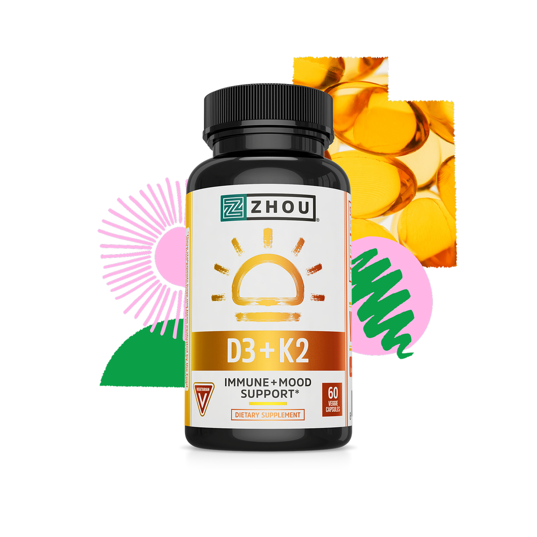 Zhou D3+K2 - Vitamin D3 K2 Supplement for Women &amp; Men, Immune Support Vit D3 and K2 Gummy, Gelatin Free Formula with 5000 IU of D3 and MK-7 - 60 Veggie Gummies (Pack of 1)