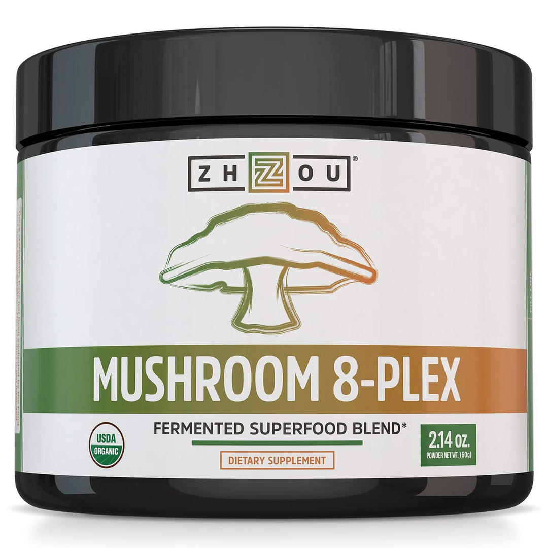 ZHOU Mushroom 8-Plex - Mushroom Supplement, Powder Blend, Coffee Alternative for Adults, Nootropic Complex for Health with Chaga, Lions Mane, Reishi &amp; Turkey Tail - 2.14oz (30 Servings)
