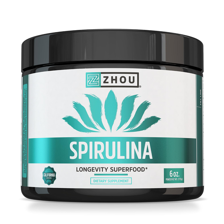 Zhou Spirulina Powder - Blue Green Spirulina Superfood for Women &amp; Men with Vegan Protein, Chlorophyll &amp; Phycocyanin for Smooth Energy &amp; Longevity, Drink Mix for Smoothies - 6 oz Jar (48 Servings)
