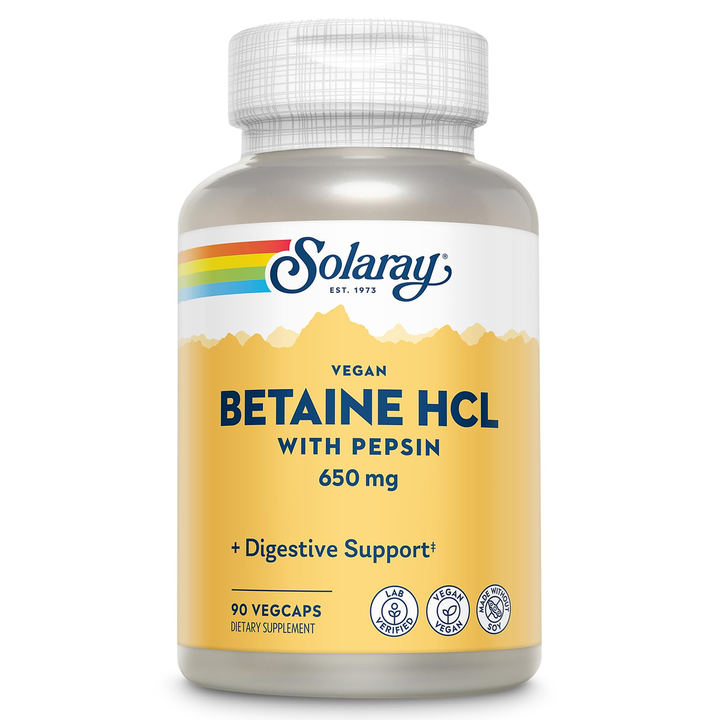 SOLARAY Vegan Betaine HCL with Pepsin - Hydrochloric Acid Supplement for Digestive Health - Gut Health Support - 60-Day Guarantee, 90 VegCaps