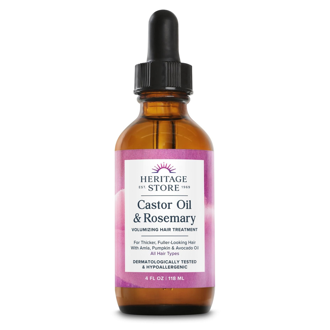 HERITAGE STORE Castor Oil & Rosemary Volumizing Hair Treatment for Fullness and Shine - with Organic Castor Oil, Rosemary, Avocado and Amla, Hypoallergenic, Vegan, Cruelty Free, 60-Day Guarantee, 4oz