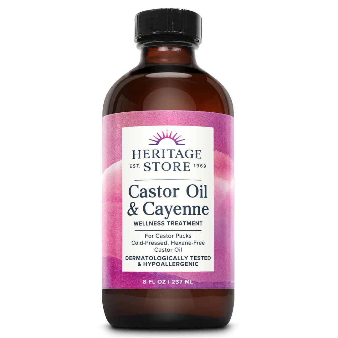 HERITAGE STORE Castor Oil & Cayenne - Cold Pressed Organic Castor Oil Pack Wrap - Heat Compress for Abdomen, Joints, Overall Wellness - Hypoallergenic, Vegan, Cruelty Free, 8oz