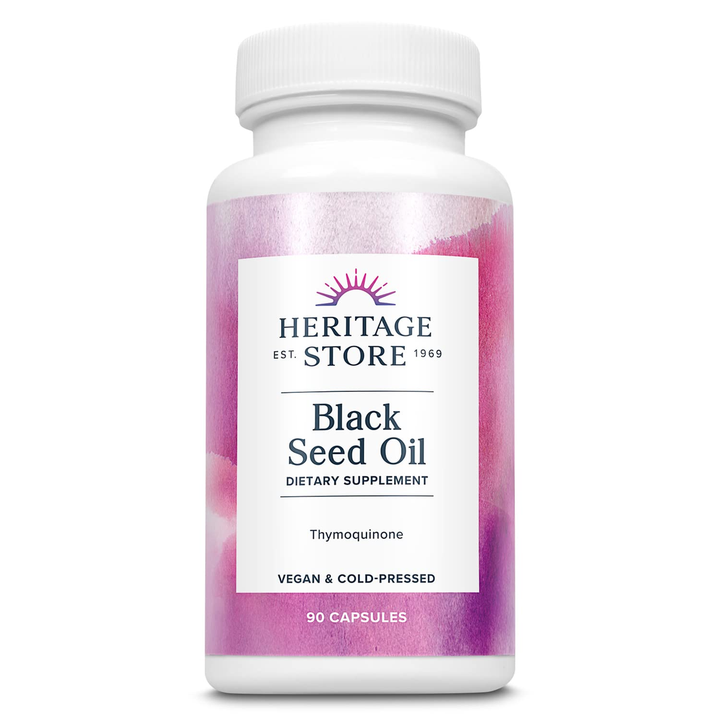 HERITAGE STORE Black Seed Oil Liquid Capsules 650mg, Nigella Sativa Oil Supplement with Thymoquinone, Omega 3 6 9, Antioxidant, Cholesterol, Digestive, Joint &amp; Immune Support, Vegan, 45 Serv, 90ct