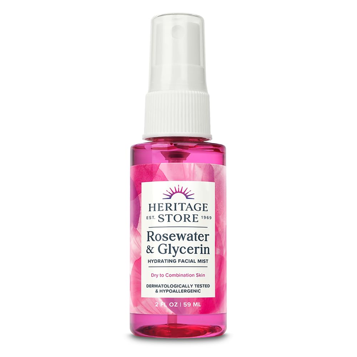 HERITAGE STORE Rosewater &amp; Glycerin Hydrating Facial Mist - Dry Combination Skin Care - Rose Water Spray w/Vegetable Glycerine, Made Without Dyes or Alcohol, Hypoallergenic, Vegan, Cruelty Free, 2oz