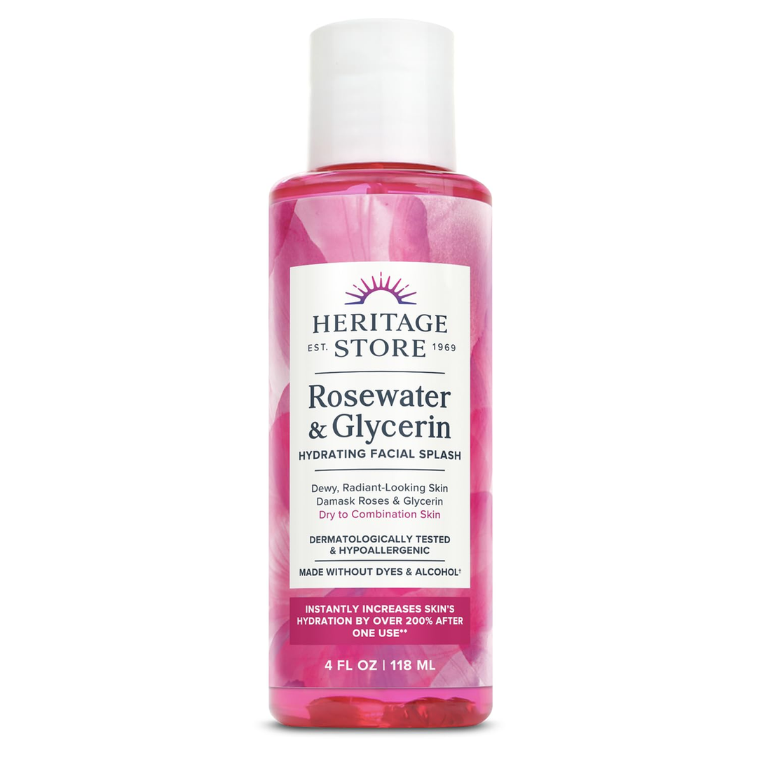 HERITAGE STORE Rosewater &amp; Glycerin Hydrating Facial Splash - Dry Combination Skin Care - Rose Water with Vegetable Glycerine - Made w/out Dyes or Alcohol, Hypoallergenic, Vegan, 60-Day Guarantee, 4oz