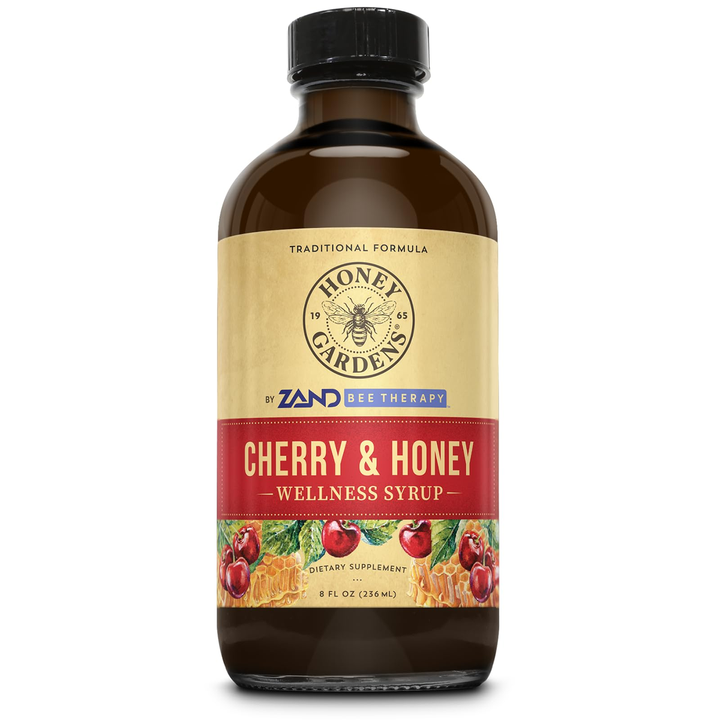 Honey Gardens Cherry &amp; Honey Soothing Throat Syrup, Apitherapy Formula with Organic Raw Honey, Organic Apple Cider Vinegar, Black Cherry, and Herbal Extracts, 48 Servings, 8 FL. OZ.