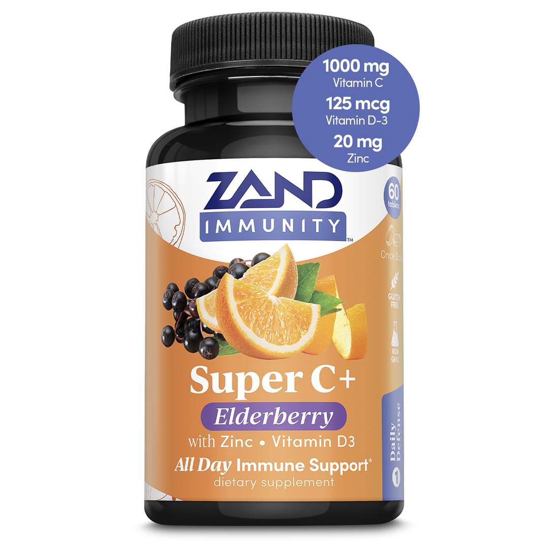 Zand Immunity Super C+ with Elderberry, All Day Immune Support, 1000mg PureWay-C Vitamin C Plus Zinc & Vitamin D-3, Enhanced Absorption, 60 Tablets, 30 Servings