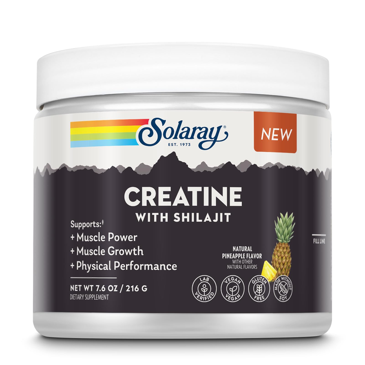 SOLARAY Creatine with Shilajit - Muscle Power and Growth Support with Creatine Monohydrate and L-Leucine Amino Acids - Natural Pineapple Flavor - Vegan, Gluten Free - 30 Servings, 7.6 OZ