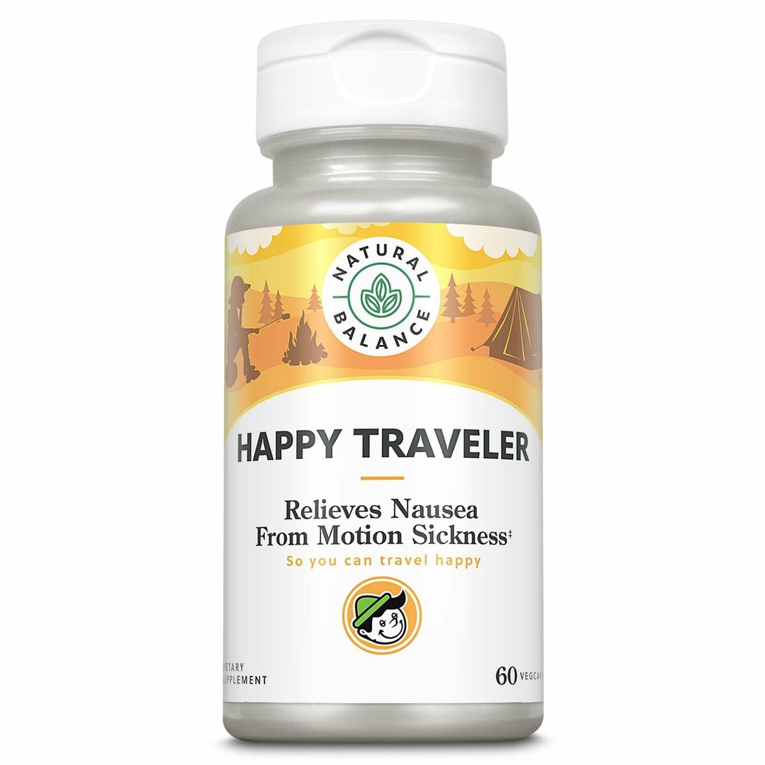 NATURAL BALANCE Happy Traveler - Travel Essentials - Nausea Relief from Motion Sickness with Ginger Root, Peppermint, Vitamin B6 and Magnesium - Lab Verified, 60-Day Guarantee, 30 Servings, 60 VegCaps