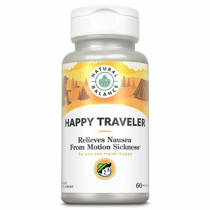 NATURAL BALANCE Happy Traveler - Travel Essentials - Nausea Relief from Motion Sickness with Ginger Root, Peppermint, Vitamin B6 and Magnesium - Lab Verified, 60-Day Guarantee, 30 Servings, 60 VegCaps